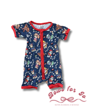 Load image into Gallery viewer, Hero Pups Bamboo Shortie Zippy | Puppy Print Bamboo Baby Romper