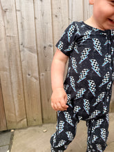 Load image into Gallery viewer, Baby wearing the Static Shock bamboo convertible zippy featuring a bold lightning-inspired print.