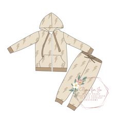 Load image into Gallery viewer, Beige Bolts Bamboo Zip-Up and Jogger set PREORDER- TAT 6-8 weeks before shipping
