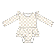 Load image into Gallery viewer, Beige Checks Ruffle Bodysuit PREORDER- TAT 6-8 weeks before shipping
