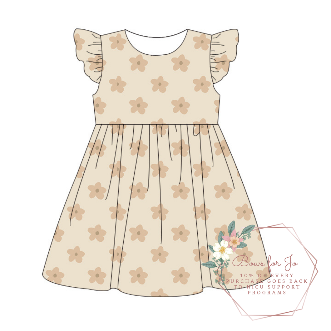 Beige Daisy Ruffle Twirl Dress PREORDER- TAT 6-8 weeks before shipping