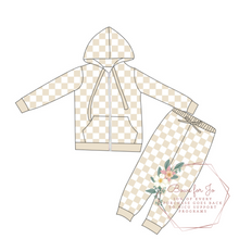 Load image into Gallery viewer, Beige Checks Bamboo Zip-Up and Jogger set PREORDER- TAT 6-8 weeks before shipping
