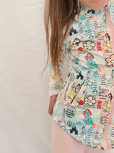 Load image into Gallery viewer, Girl wearing the Princess Patch yoga set with a princess-inspired athletic top and matching full-length performance leggings.
