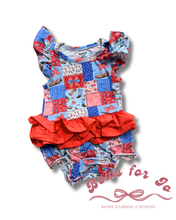 Load image into Gallery viewer, All American Darling Bamboo Ruffle Romper for Baby Girls | Patriotic Outfit
