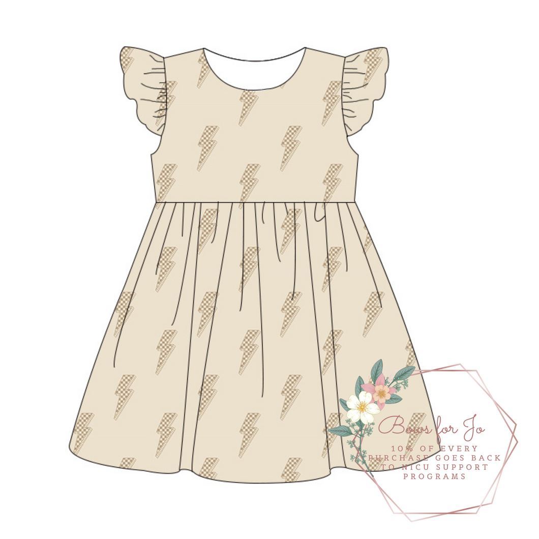 Beige Bolts Ruffle Twirl Dress PREORDER- TAT 6-8 weeks before shipping